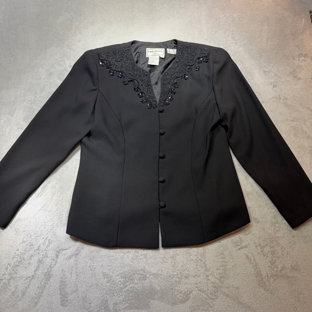 Vintage Black Beaded Evening Blazer Scalloped Neckline Formal Jacket 12P